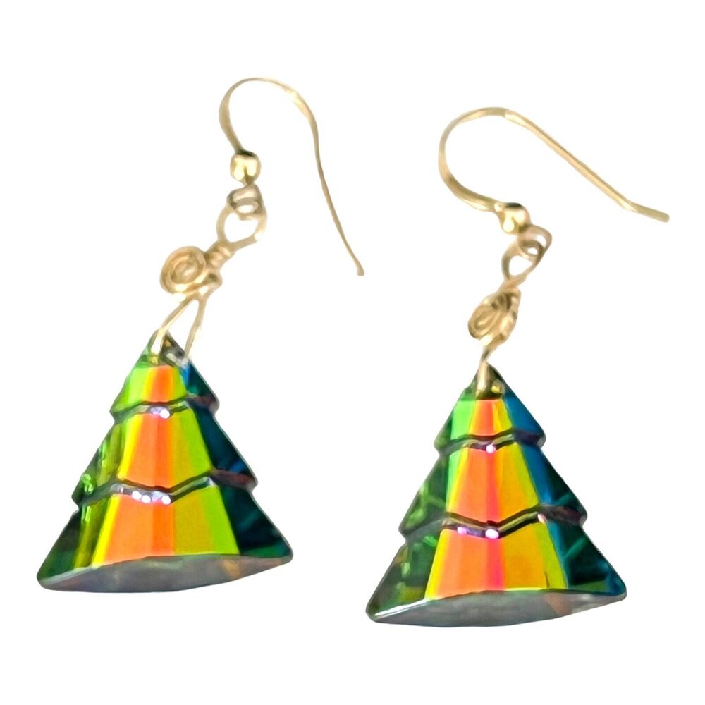 Vintage 1980s Christmas Tree Earrings Gold Tone Crystal Holiday - 2A